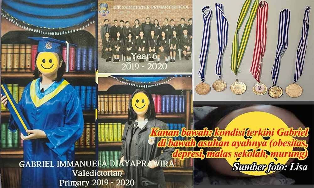 Foto Gabriel di bawah asuhan ayahnya (kanan bawah) tampak depresi, obesitas, murung, malas sekolah. (Foto : Redaksi)