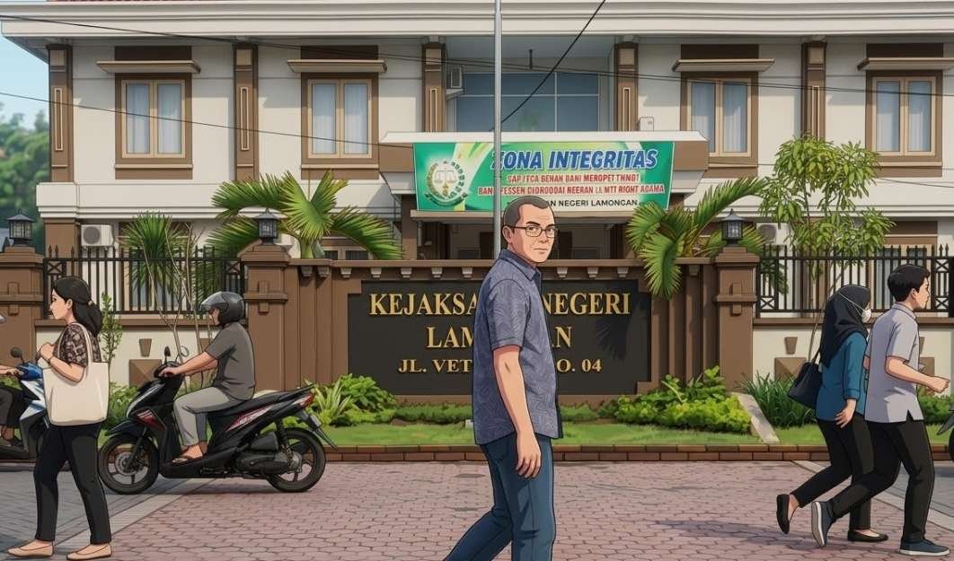 Supriadi, pelapor dugaan korupsi BLT DBHCHT 2023 berjalan di trotoar depan kantor Kejari Lamongan (Foto : Animasi AI for Nowtooline)